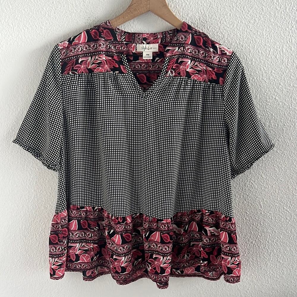 Style & Co Petite Floral Square Contrast Ruffle Bottom Shirt Top Blouse Medium